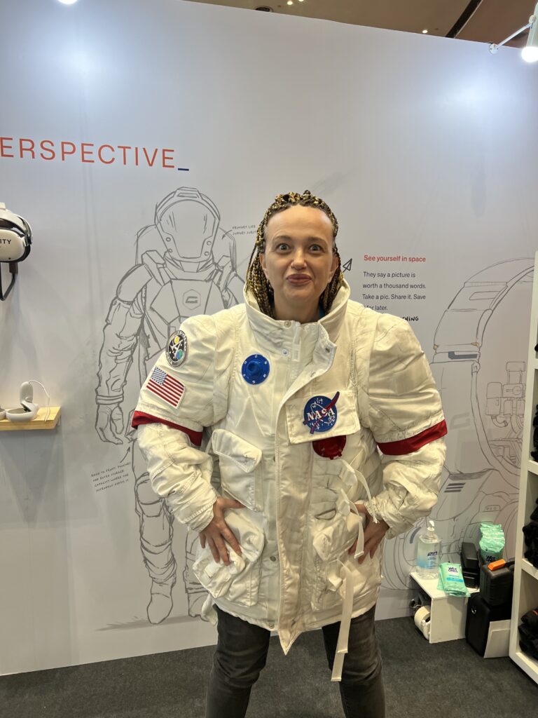 Maja Loncar posing in an astronaut looking like suit